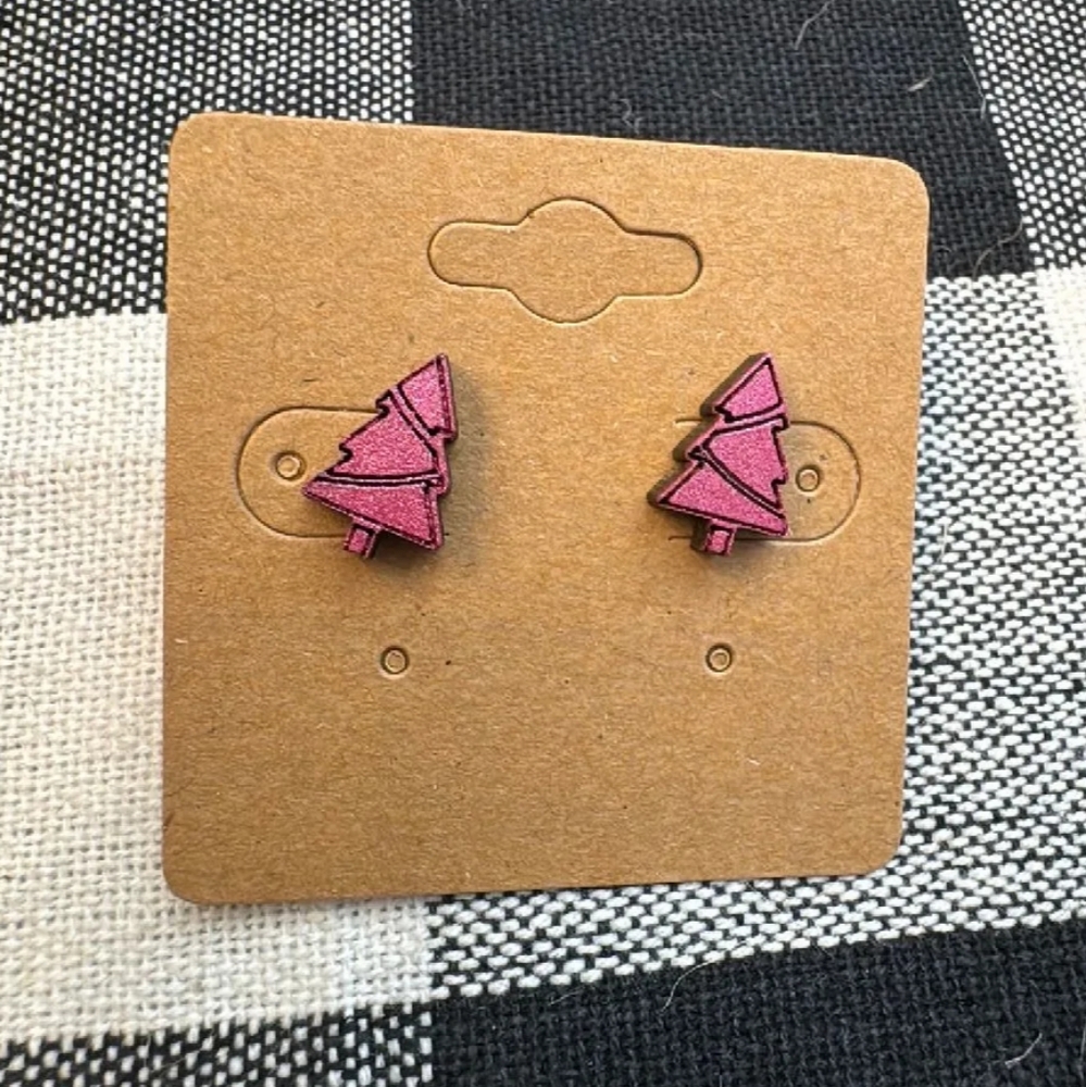 Wood Pink Tree Stud Earrings Handmade in Virginia USA Party